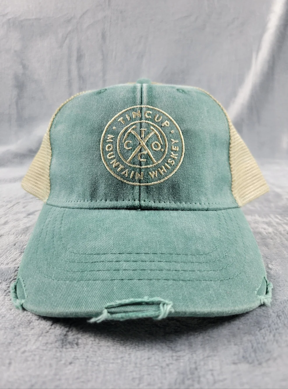 NWT Adams Tin Cup Mountain Whiskey Tan Green Distressed Snapback Trucker Hat